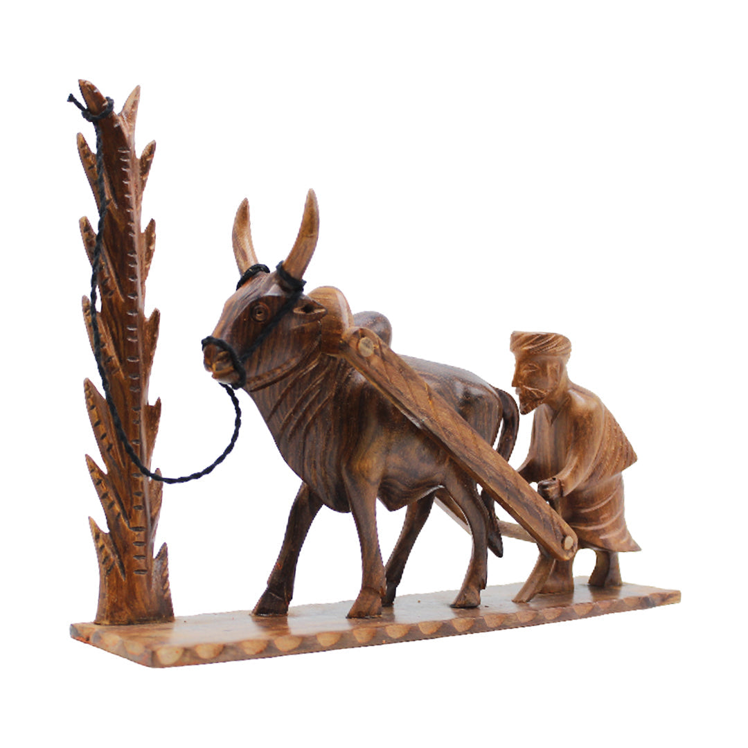 Handcrafted Wooden Farmer and Cattle Sculpture & Bull Artwork