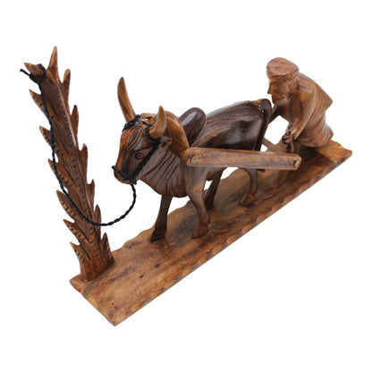 Handcrafted Wooden Farmer and Cattle Sculpture & Bull Artwork